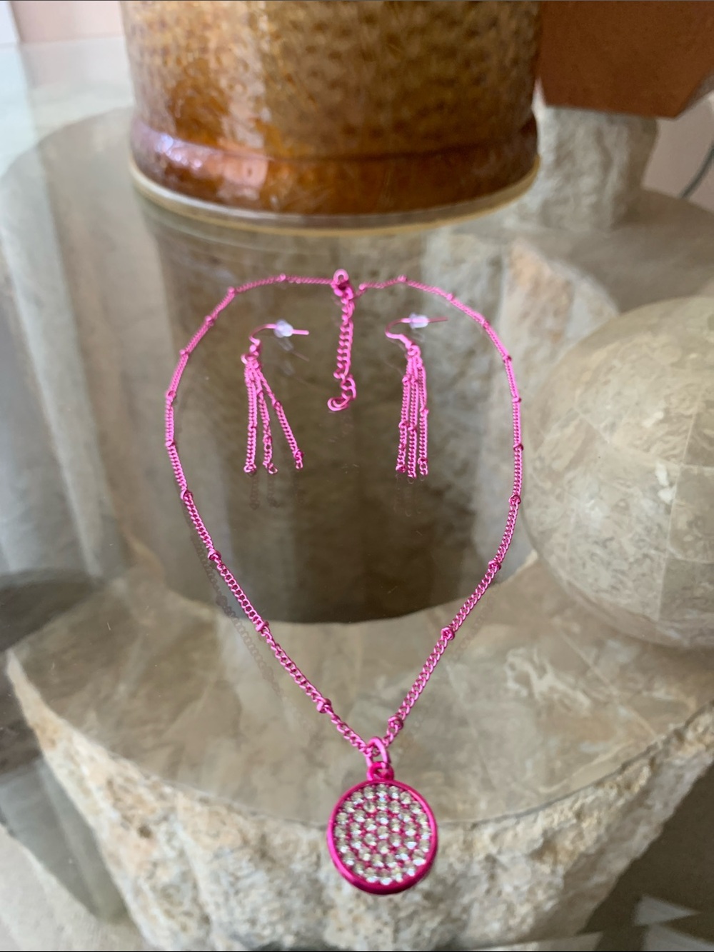 Crystal Pave Round Pendant Necklace and Tassel Earrings set